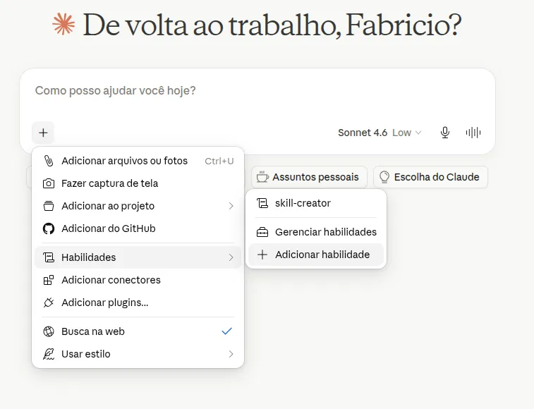 Passo 1: Menu + → Habilidades → Adicionar habilidade